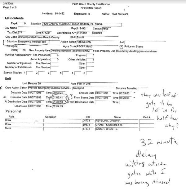 Screenshot of EMS report showing 32 minutes elapsed from the time of arrival until emergency medical technicians were allowed to enter the gated community to render emergency assistance to Tom Laresca on Jan. 7, 1998. (Courtesy of Tome Laresca)