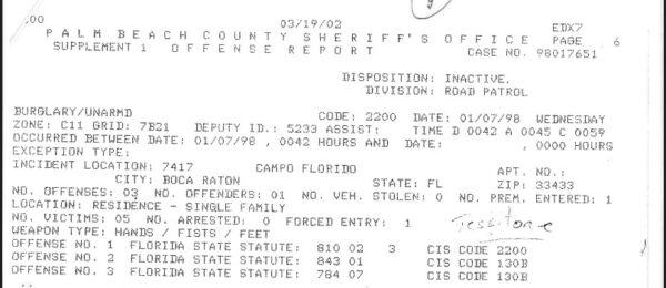 Screenshot from police report accusing Tom Laresca of breaking into his own house, resisting arrest, and assaulting police officers on Jan. 7, 1998. (Courtesy of Tom Laresca)