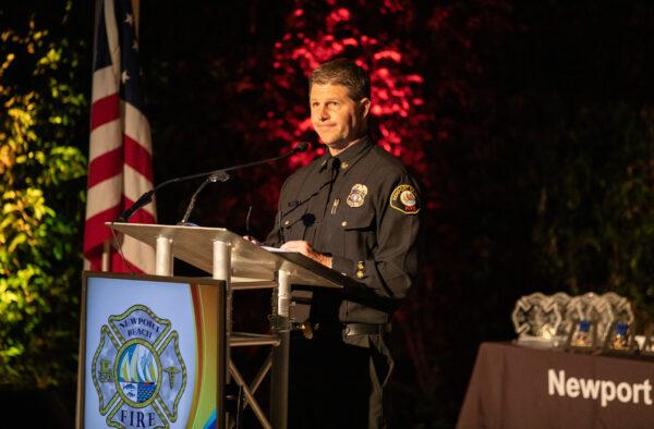 Newport Beach Fire Chief Jeff Boyles speaks at the 24th Annual Newport Beach Fire and Lifeguard Appreciation Dinner in Newport Beach, Calif., on Sept. 20, 2022. (John Fredricks/The Epoch Times)