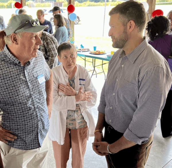 Rep. Pat Ryan (D-N.Y.), who won an August special election in New York’s 19th Congressional District, speaks with voters in Clinton, N.Y., on Sept. 17, 2022, while campaigning for election in November in another congressional district. (Courtesy Pat Ryan for Congress)