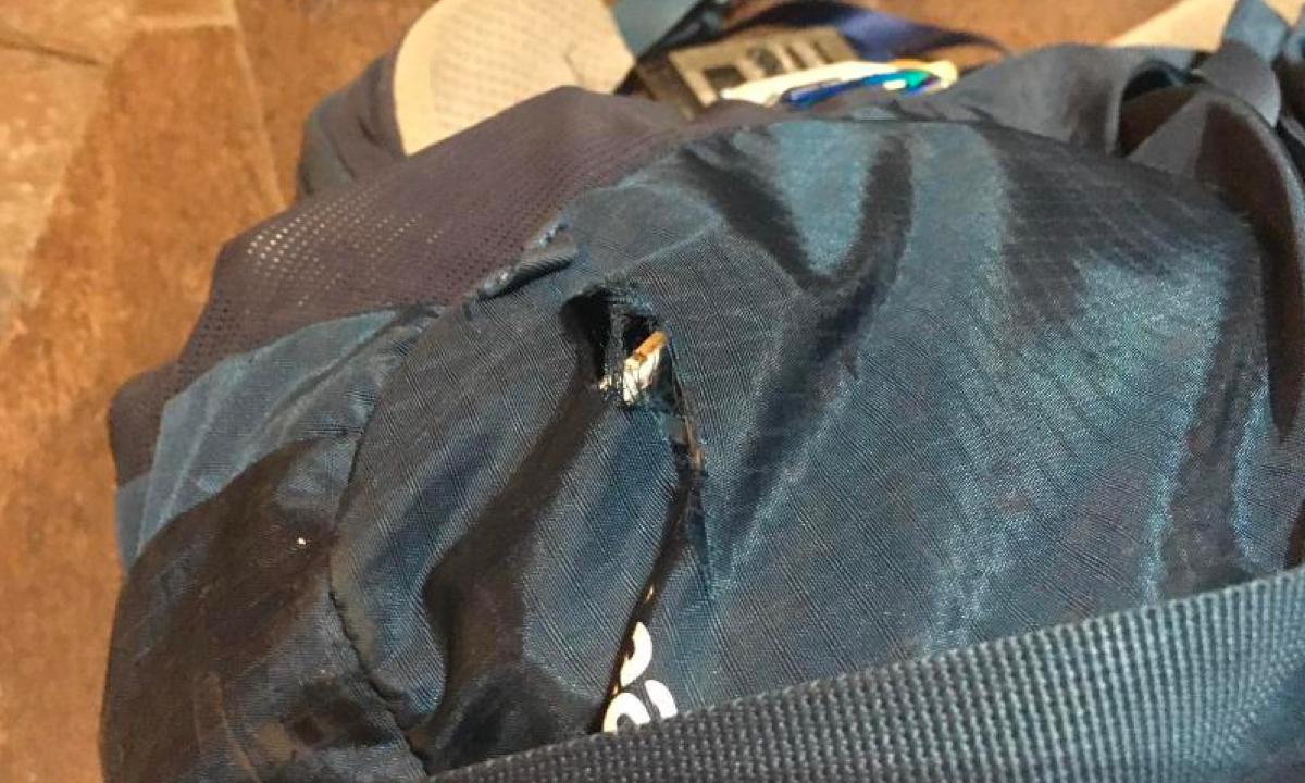  A hole left in the backpack of a CRHK reporter that looks like it was hit by a sponge grenade. (CRHK’s News)