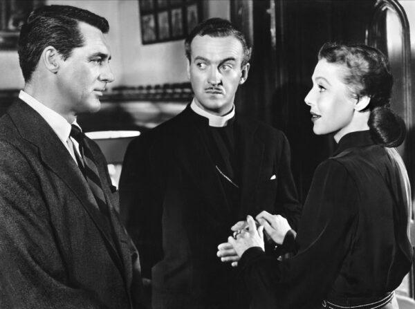 (L–R) Cary Grant as the mysterious visitor Dudley, David Niven as Bishop Henry Brougham, and Loretta Young as the bishop's wife. (MovieStillsDB)