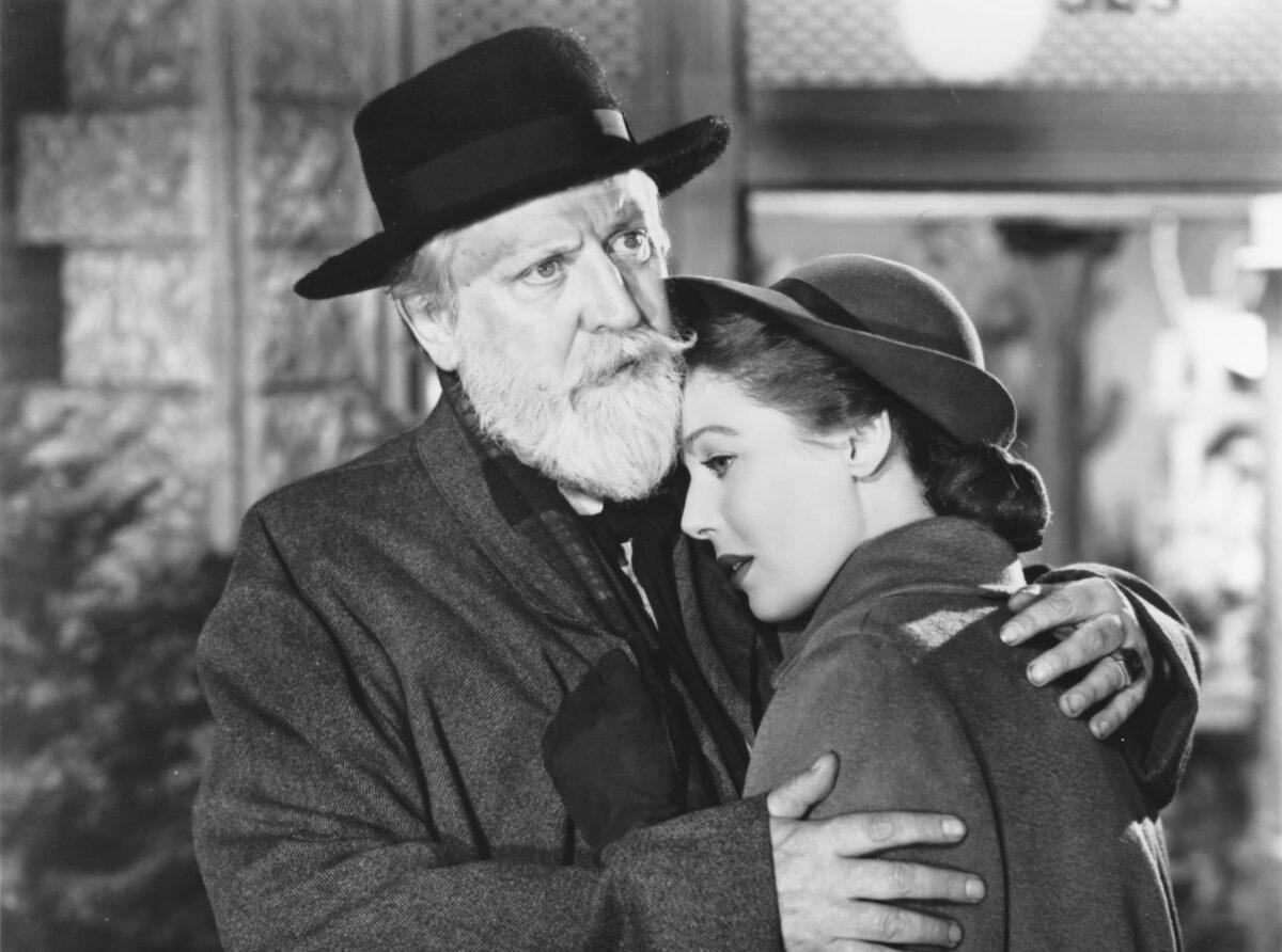 Monty Woolley as Professor Wutheridge comforts Loretta Young as the wife of the bishop in "The Bishop's Wife." (MovieStillsDB)