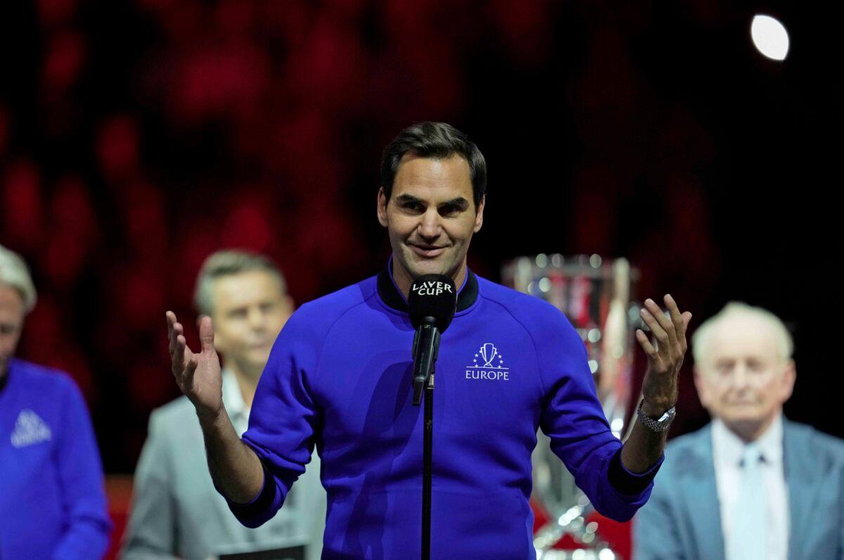 Team Europe's Roger Federer speaks at the end of the Laver Cup tennis tournament in London on Sept. 25, 2022. (Kin Cheung/AP Photo)