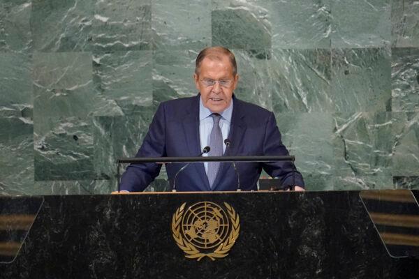 Russian foreign minister Sergey Lavrov addresses the 77th session of the United Nations General Assembly at U.N. headquarters on Sept. 24, 2022. (Mary Altaffer/AP Photo)