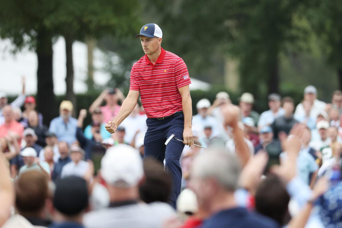 Jordan Spieth of the United States Team celebrates winning the fourth hole during Sunday singles matches on day four of the 2022 Presidents Cup at Quail Hollow Country Club in Charlotte, N.C., on Sept. 25, 2022. (Warren Little/Getty Images)