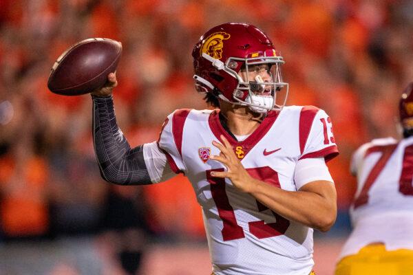 Quarterback Caleb Williams (13) of the USC Trojans looks to pass during the first half against the Oregon State Beavers at Reser Stadium in Corvallis, Ore., on Sept.24, 2022. (Ali Gradischer/Getty Images)