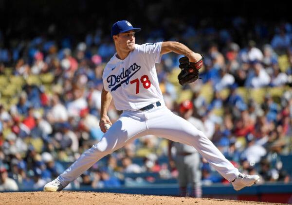 Starting pitcher Michael Grove (78) of the Los Angeles Dodgers throws against the St. Louis Cardinals during the fourth inning at Dodger Stadium in Los Angeles, on Sept. 25, 2022. (Kevork Djansezian/Getty Images)