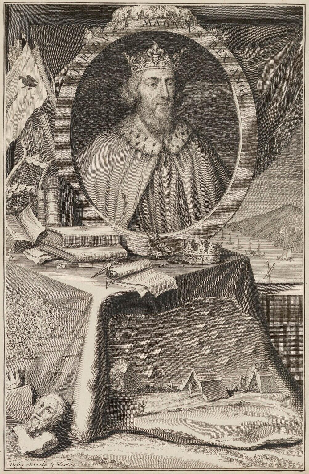 An engraving of King Alfred the Great in "Rapin's History of England," 1732, by George Vertue. National Portrait Gallery, London. (Public Domain)  A portrait of Alfred (Latin: Aelfredus Magnus Rex Angl) is flanked by books and documents symbolizing his literary and legislative works. To the side and below are scenes representing Alfred’s formation of the Royal Navy, his sojourn to the enemy camp in disguise, and his defeat of the Danes. Also depicted are his crown, weapons, and a captured Danish raven banner.