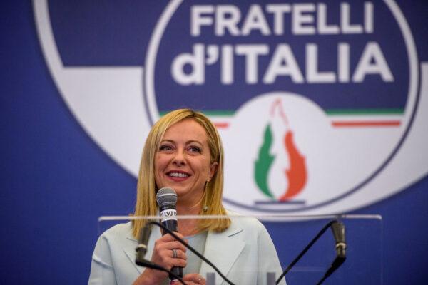 Giorgia Meloni, leader of the Fratelli d'Italia (Brothers of Italy) speaks at a press conference at the party electoral headquarters overnight, in Rome, Italy, on Sept. 26, 2022. (Antonio Masiello/Getty Images)