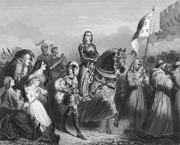 Roman Catholic Saint, Joan of Arc ('The Maid of Orléans') entering Orléans, France, 1429. From an original engraving by W. Hulland after a painting by Henri Scheffer. (Kean Collection/Getty Images)