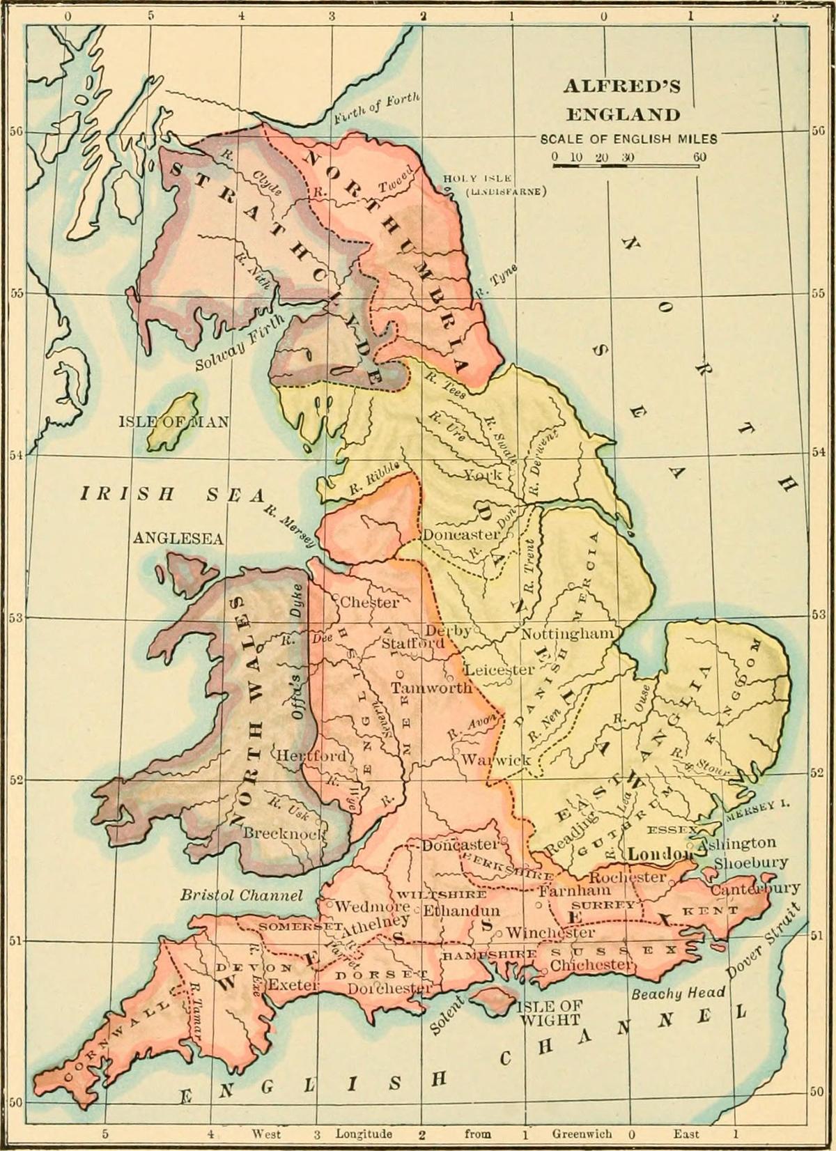 An illustrated plate from “The Dawn of American History in Europe,” 1912, by William Lewis Nida. (Public Domain) King Alfred’s England following the Treaty of Wedmore in 878. Before his death, Alfred the Great reigned over Wessex and Northumbria.