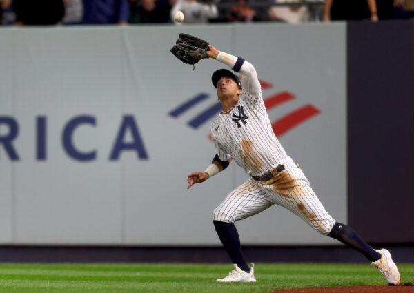 Oswaldo Cabrera #95 of the New York Yankees makes the catch for the out against the Boston Red Sox at Yankee Stadium in the Bronx borough of New York on Sept. 25, 2022. (Elsa/Getty Images)