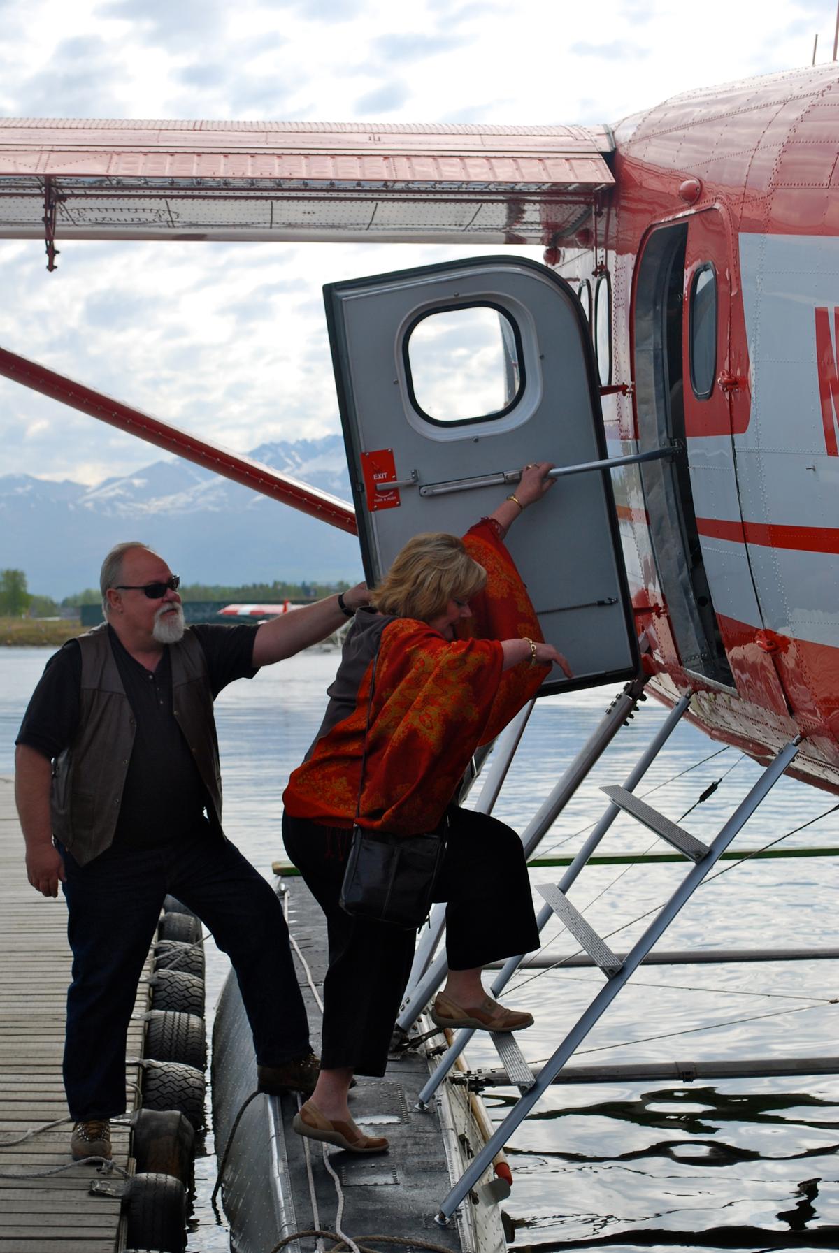 Boarding a bush plane at Lake Hood for a sightseeing flight. (Nicole Geils/Visit Anchorage)
