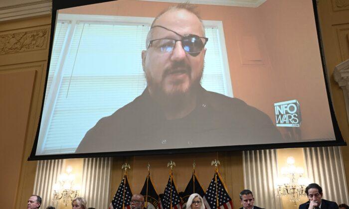 Stewart Rhodes, founder of the Oath Keepers, appears on a screen during a House Select Committee hearing to Investigate the Jan. 6 Attack on the U.S. Capitol, on Capitol Hill on June 9, 2022. (Brendan Smialowski/AFP via Getty Images)