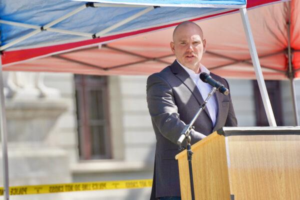 Joe D’Orsie, Republican candidate for Pennsylvania state legislature, speaks at the "Assemble for Freedom" rally at the state capitol, on Sept. 24, 2022. (Serena Shi/The Epoch Times)