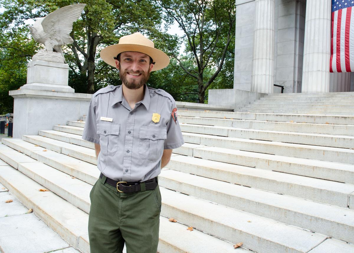National Park Ranger Andrew Astley in front of the Grant Memorial Tomb in New York City. (Courtesy of Dave Paone/The Epoch Times)