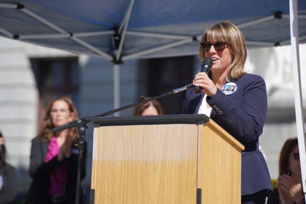 State representative Carrie DelRosso, candidate for Pennsylvania lieutenant governor, speaks at the “Assemble for Freedom” rally on Sept. 24, 2022. (Serena Shi/The Epoch Times)