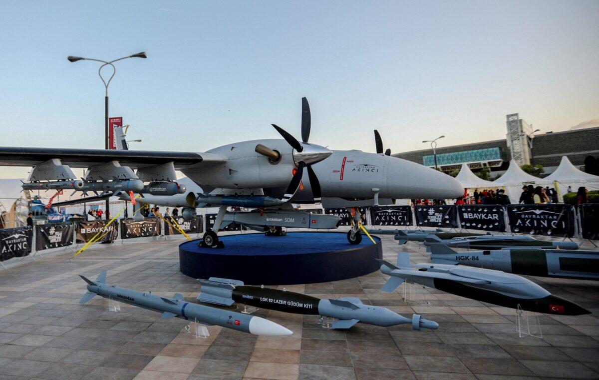 A Bayraktar Akinci unmanned combat aerial vehicle at Teknofest aerospace and technology festival in Baku, Azerbaijan, on May 27, 2022. (Aziz Karimov/Reuters)