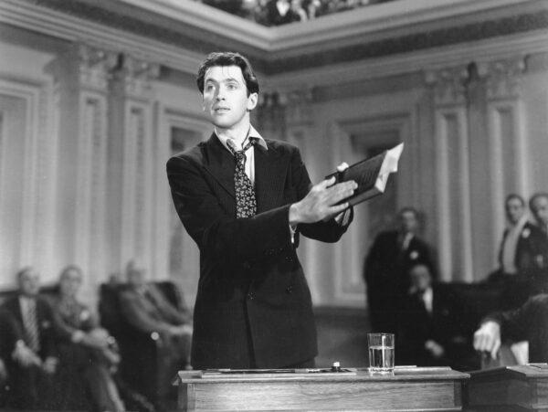 James Stewart as Jefferson Smith gives an impassioned speech on the floor of the Senate in "Mr. Smith Goes to Washington." (MovieStillsDB)