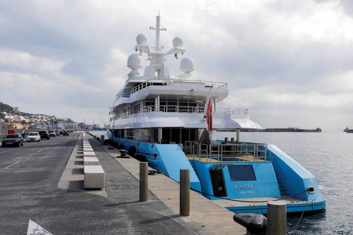 The Axioma superyacht belonging to Russian oligarch Dmitrievich Pumpyansky who is on the EU's list of sanctioned Russians is seen docked at a port in Gibraltar on March 21, 2022. (Jon Nazca/Reuters)