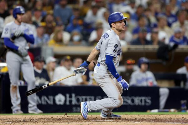 Trea Turner (6) of the Los Angeles Dodgers singles during the seventh inning of a game against the San Diego Padres at PETCO Park in San Diego on Sept. 27, 2022. (Sean M. Haffey/Getty Images)