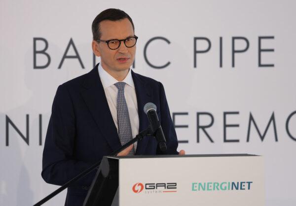 Polish Prime Minister Mateusz Morawiecki speaks at a ceremony to open the new Baltic Pipe natural gas pipeline near Goleniow, Poland, on Sept. 27, 2022. (Sean Gallup/Getty Images)