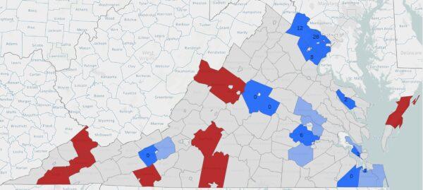 Virginia school districts' adoption of the 2021 Virginia Department of Education's (VDOE) transgender student policies according to Equality Virginia's data. Counties marked in blue passed the VDOE policy, while those in light blue partially adopted the policy and those in red rejected the policy. The blue school districts also show the number of schools that participated in the walkout to protest the 2022 policy on Sept. 27, 2022, according to data from the Pride Liberation Project and Loudoun County Public Schools. (Terri Wu/The Epoch Times)