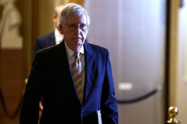 Senate Minority Leader Mitch McConnell (R-Ky.) walks to the Senate Chambers in the U.S. Capitol Building in Washington, on Sept. 27, 2022. (Anna Moneymaker/Getty Images)