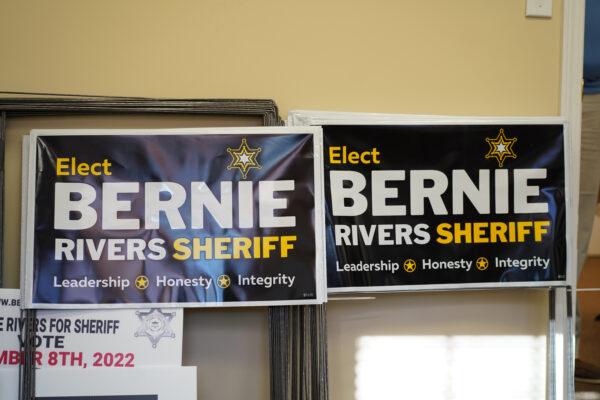 Campaign signs at Bernie Rivers' campaign office in Goshen, N.Y., on Sept. 28, 2022. (Cara Ding/The Epoch Times)