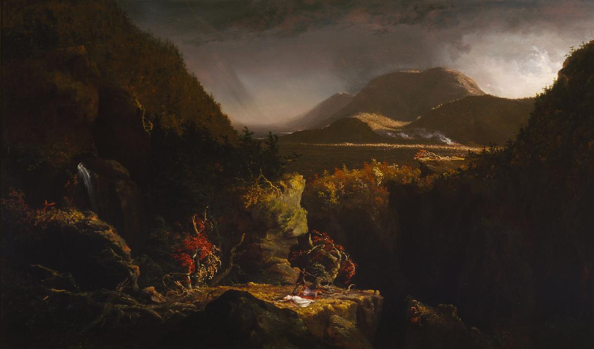 “Landscape With Figures: A Scene from ‘The Last of the Mohicans’” by Thomas Cole, 1826. Cora, clad in white, lies dying on a cliff beside Uncas, a Mohican who was killed while attempting to save her from Magua, a member of the enemy Huron tribe. (Public Domain)