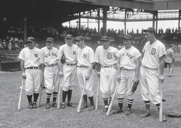 1937 Major League Baseball All-Star sluggers (L to R) Gehrig, Joe Cronin, Bill Dickey, Joe DiMaggio, Charlie Gehringer, Jimmie Foxx, and Hank Greenberg at Griffith Stadium in Washington, D.C., on July 7, 1937. (Library of Congress)