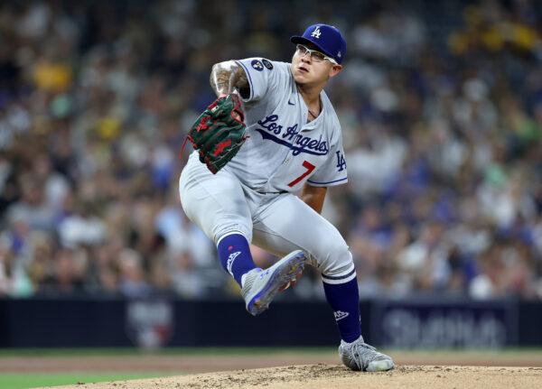 Julio Urias (7) of the Los Angeles Dodgers pitches during the first inning of a game against the San Diego Padres at PETCO Park in San Diego, on Sept. 28, 2022. (Sean M. Haffey/Getty Images)