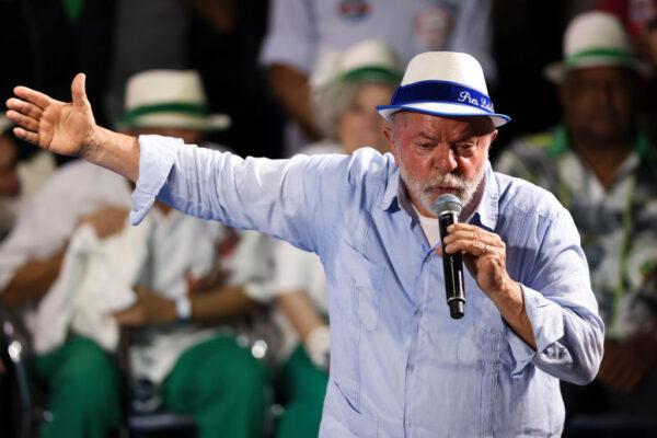 Brazil's former president and current presidential candidate Luiz Inacio Lula da Silva speaks to supporters during a campaign rally in the final week of campaigning at Portela Samba School in Rio de Janeiro, Brazil, on Sept. 25, 2022. (Buda Mendes/Getty Images)