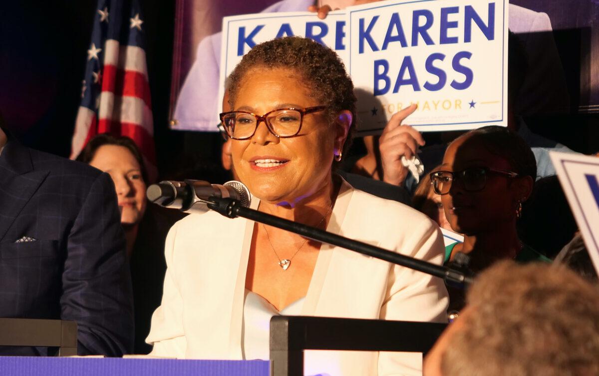 Rep. Karen Bass (D-Calif.) speaks at her primary night event in Hollywood, Calif., on June 7, 2022. (Kaelin Mendez/Getty Images)