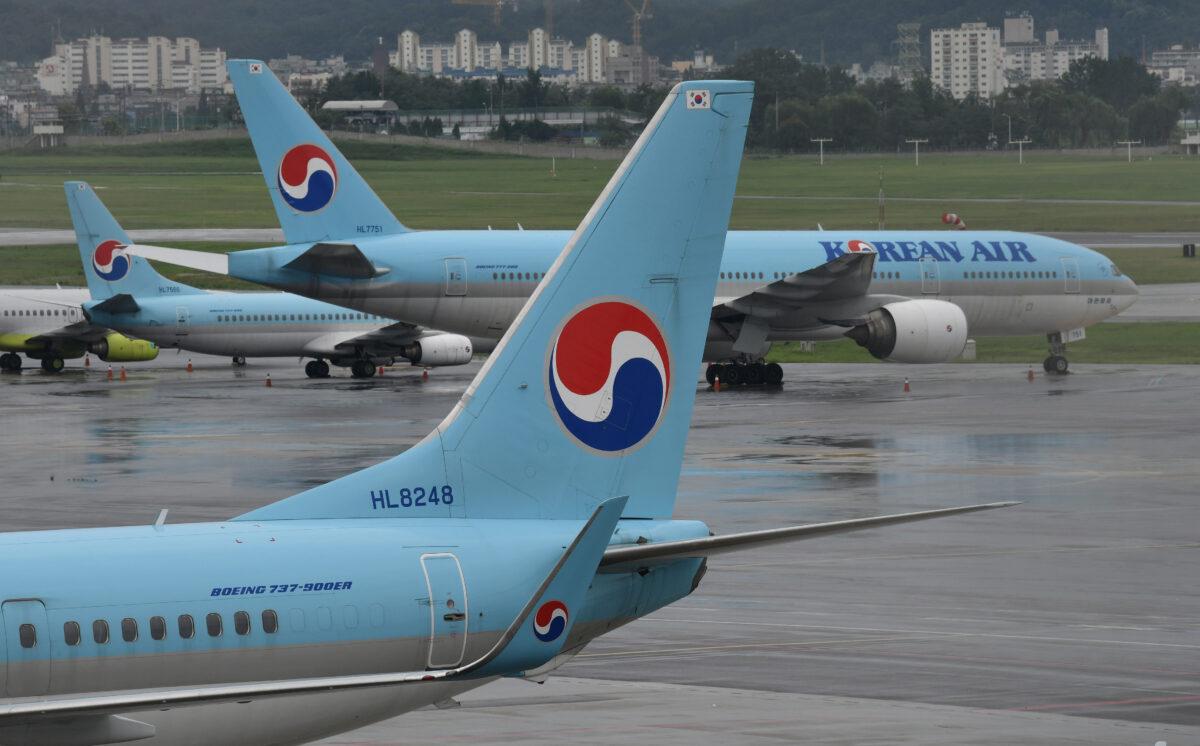 Korean Air planes are parked on the tarmac at Gimpo domestic airport in Seoul, South Korea, on Sept. 2, 2020. (Jung Yeon-Je/AFP via Getty Images)