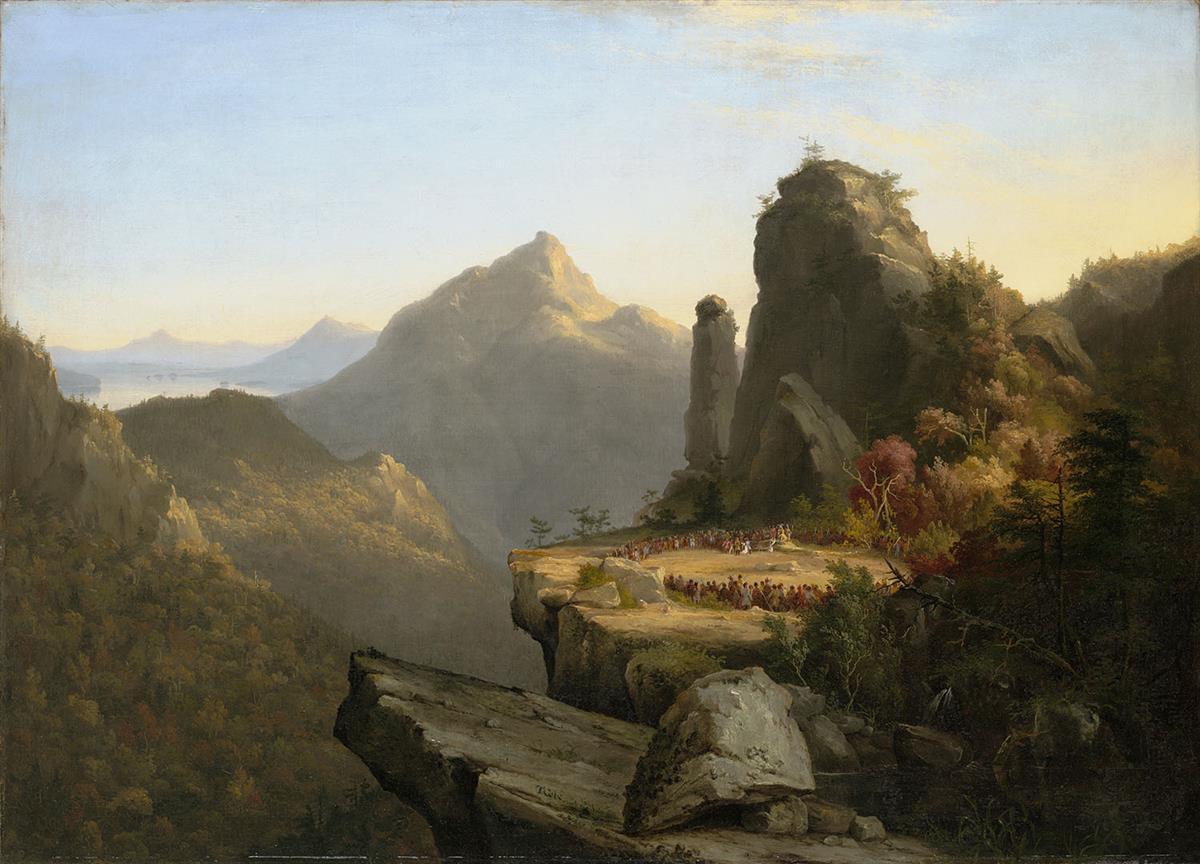 “Scene From ‘The Last of the Mohicans,’ Cora Kneeling at the Feet of Tamenund” by Thomas Cole, 1827. (Public Domain)