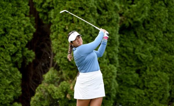 Lilia Vu hits her tee shot on the eighth hole during round two of the AmazingCre Portland Classic at Columbia Edgewater Country Club in Portland, Ore., on Sept. 16, 2022. (Steve Dykes/Getty Images)