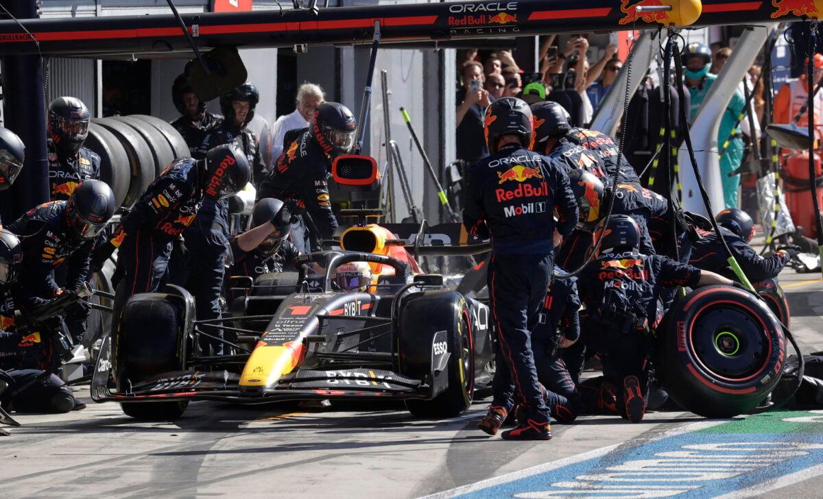 Red Bull's Max Verstappen during a pit stop at the F1 Grand Prix of Italy at the Autodromo Nazionale Monza in Monza, Italy, on Sept. 11, 2022. (Ciro De Luca/Reuters)