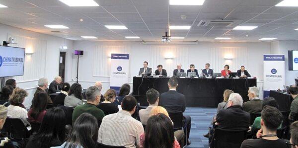 The China Tribunal's seven-person panel held one of its public hearings in London on Dec. 13, 2018. The Tribunal Chair Sir Geoffrey Nice QC (center) was the lead prosecutor in the Slobodan Milosevic trial at the International Criminal Court at the Hague. (Courtesy of ETAC)
