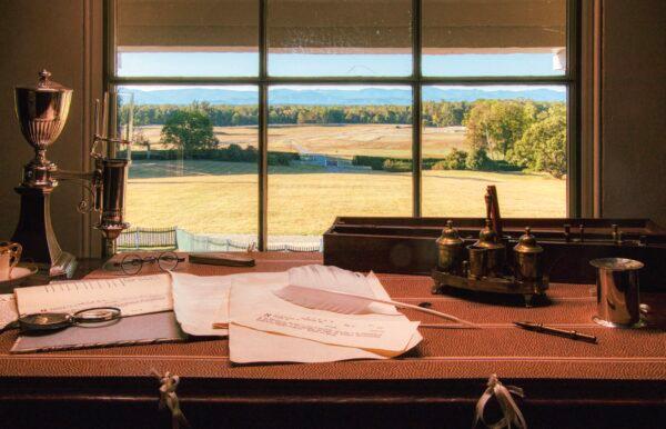 Overlooking the Blue Ridge Mountains, James Madison’s desk is located in the middle of his second-floor library, where he wrote the foundations of the U.S. Constitution. (Courtesy of Montpelier)
