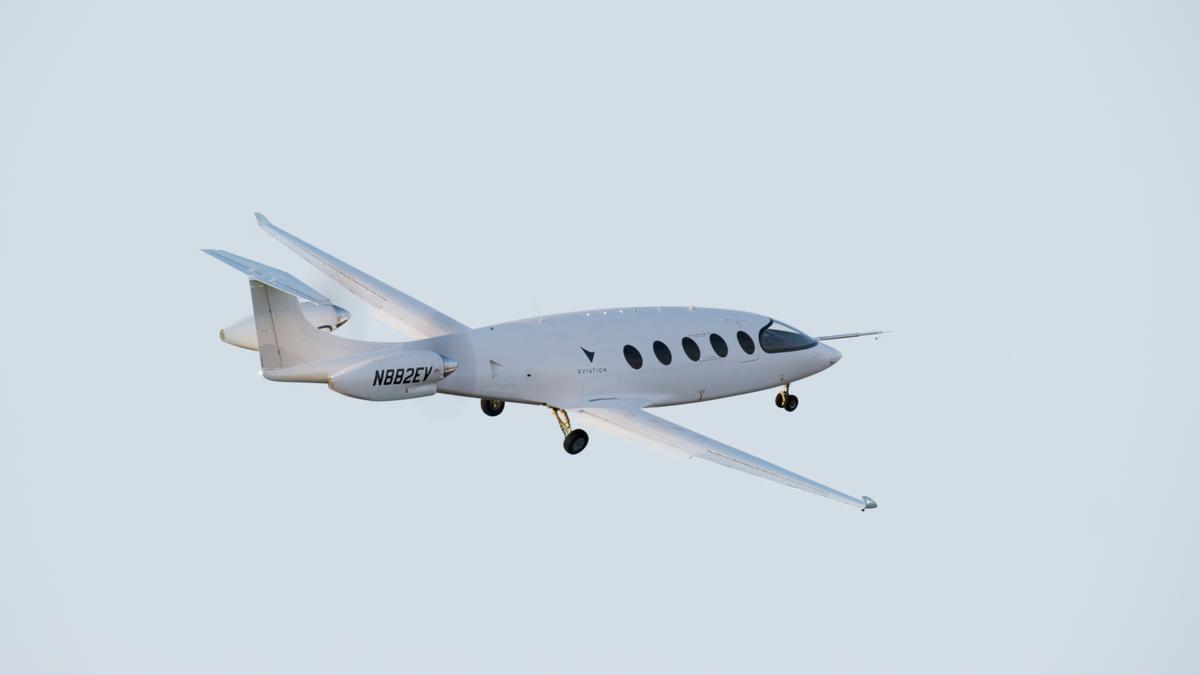 Eviation Aircraft's electric-powered "Alice" airplane is shown during its inaugural eight-minute flight in the skies over Grant County International Airport in Moses Lake, Wash., on Sept. 30, 2022. (Courtesy of Eviation Aircraft)
