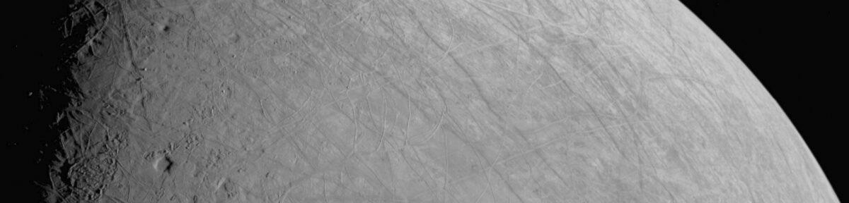 The complex, ice-covered surface of Jupiter's moon Europa, captured by NASA's Juno spacecraft during a flyby on Sept. 29, 2022. (NASA/JPL-Caltech/SWRI/MSSS via AP)