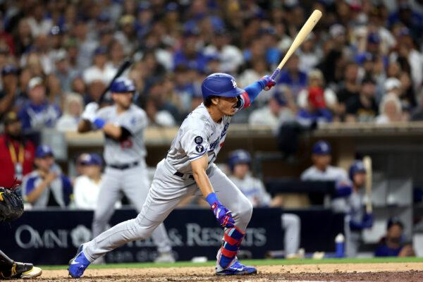 Miguel Vargas (71) of the Los Angeles Dodgers connects for a two RBI single during the sixth inning of a game against the San Diego Padres at PETCO Park in San Diego, on Sept. 29, 2022. (Sean M. Haffey/Getty Images)