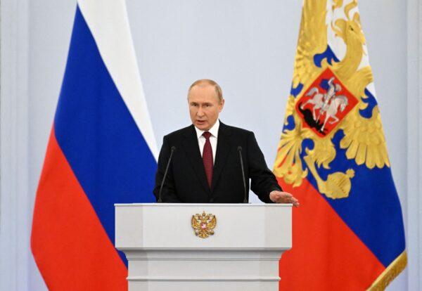 Russian President Vladimir Putin gives a speech during a ceremony formally annexing four regions of Ukraine Russian troops occupy, at the Kremlin in Moscow on Sept. 30, 2022. (Grigory Sysoyev/Sputnik /AFP via Getty Images)