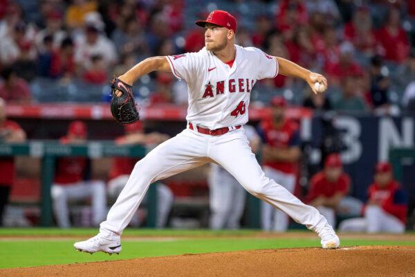 Los Angeles Angels starting pitcher Reid Detmers throws to a Texas Rangers batter during the first inning of a baseball game in Anaheim, Calif., on Sept. 30, 2022. (Alex Gallardo/AP Photo)