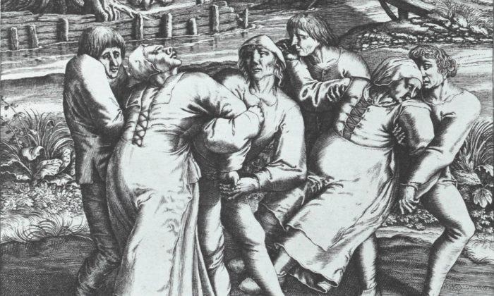 Engraving of Hendrik Hondius portraying three women affected by the "dancing plague." Work based on original drawing by Peter Brueghel, who supposedly witnessed an outbreak in 1564 in Flanders. (<a href="https://commons.wikimedia.org/wiki/File:Die_Wallfahrt_der_Fallsuechtigen_nach_Meulebeeck.jpg">Wikimedia Commons</a>)