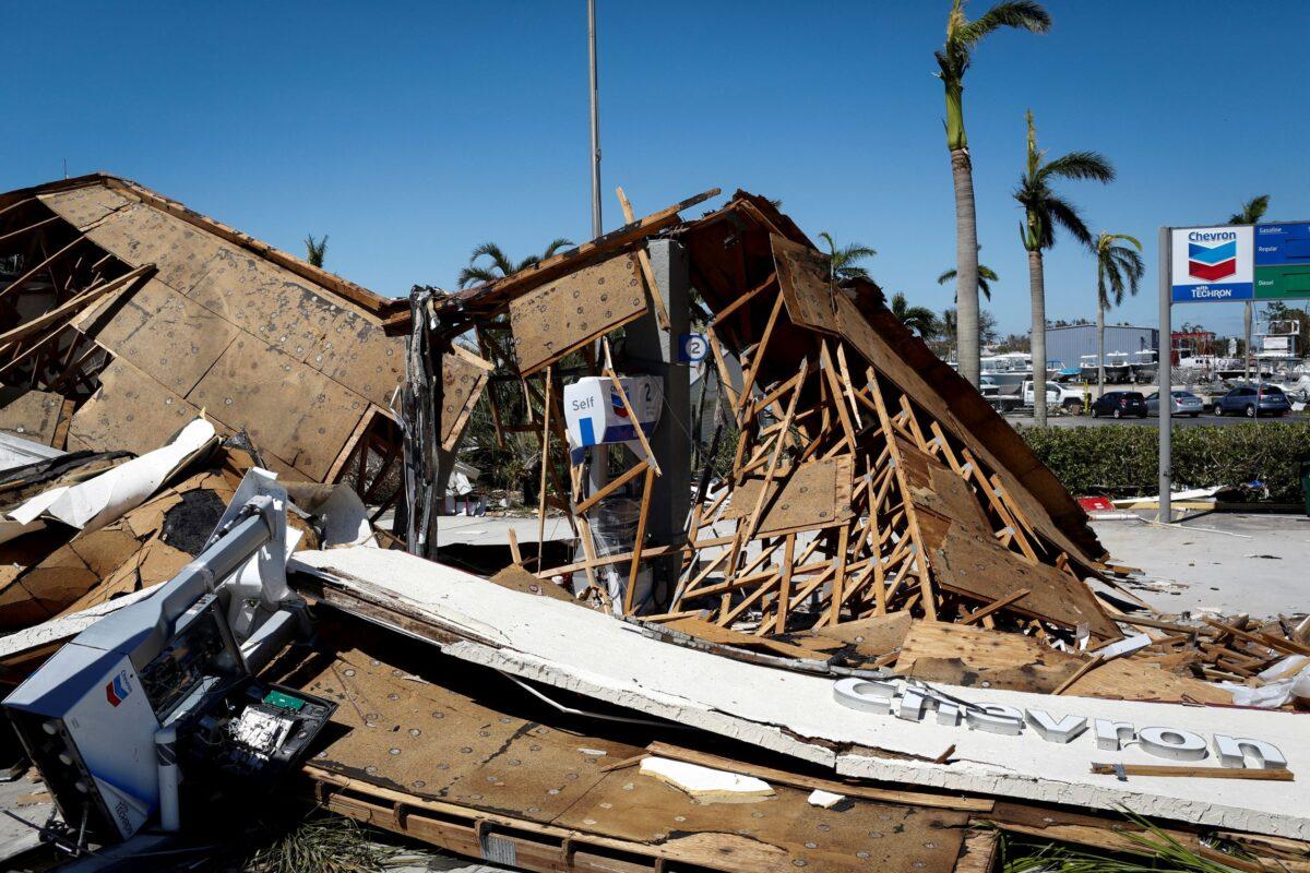 A destroyed gas station after Hurricane Ian caused widespread destruction in Fort Myers, Fla., on Sept. 30, 2022. (Marco Bello/Reuters)
