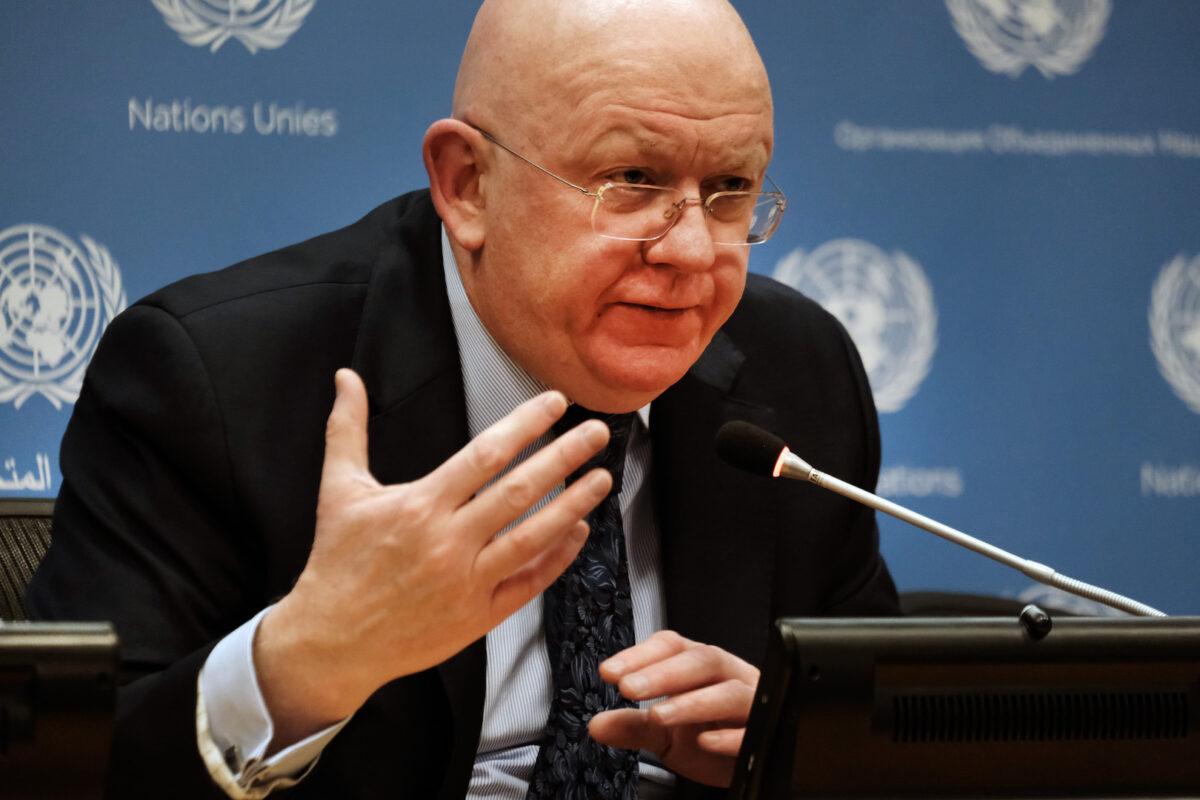 Permanent Representative of the Russian Federation to the United Nations, Ambassador Vassily Nebenzia, speaks to the media at the United Nations headquarters in N.Y.C., on April 4, 2022. (Spencer Platt/Getty Images)