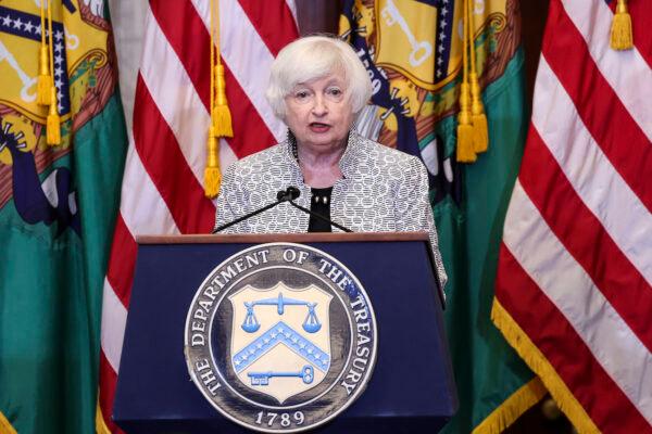 Treasury Secretary Janet Yellen delivers remarks during a press conference at the Treasury Department in Washington, on July 28, 2022. (Win McNamee/Getty Images)